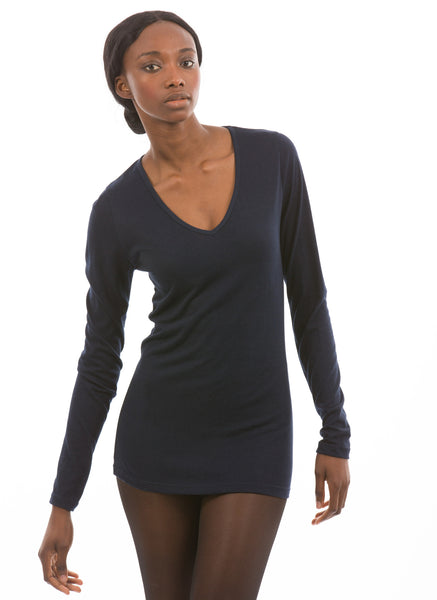 Navy Bamboo long sleeve vneck for women