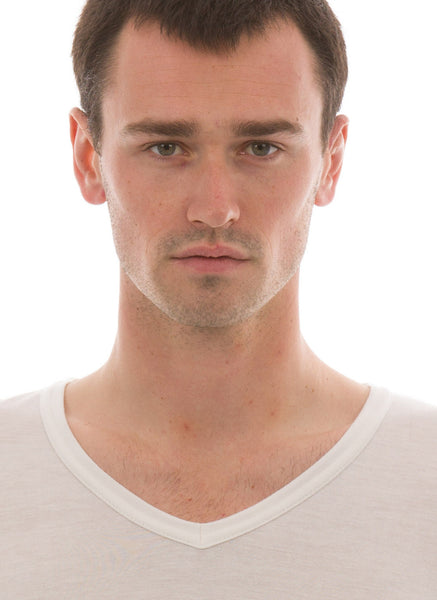 mens bamboo undershirt v neck ivory close up deep v