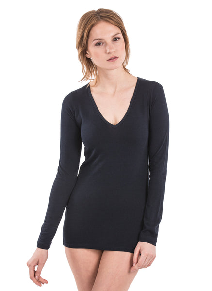 black 100% bamboo long sleeve v neck for women girls v-neck longsleeve chic cut extra long 